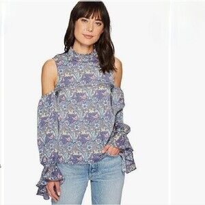 Anthropologie Bishop + Young Cold Shoulder Ruffle High Neck Blue Floral Blouse